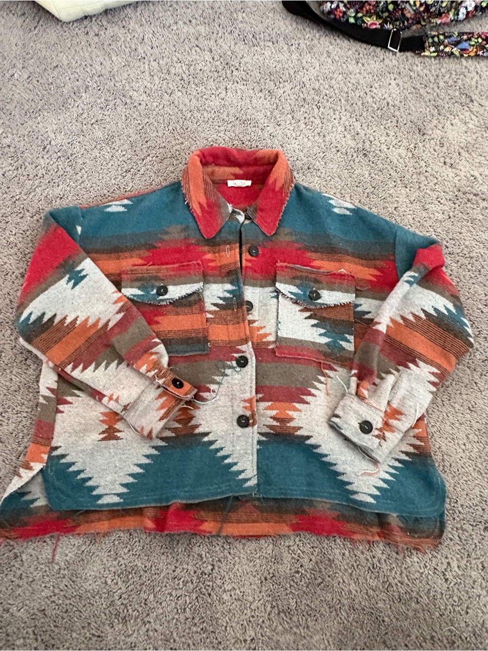 La Miel Southwestern Pattern Button-Up Jacket in Teal & Rust